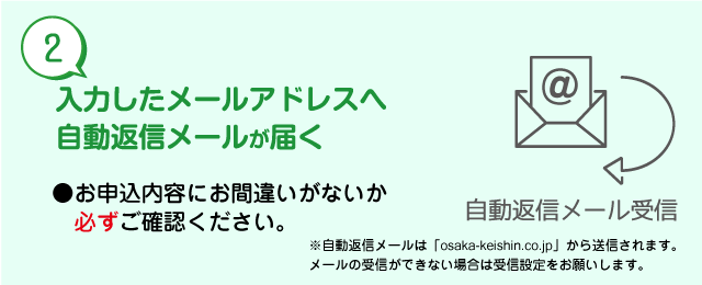入力したメールアドレスへ自動返信メールが届く　→　お申込内容の確認